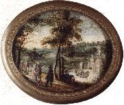 A landscape with elegant figures promenading before a lake,a castle beyond unknow artist